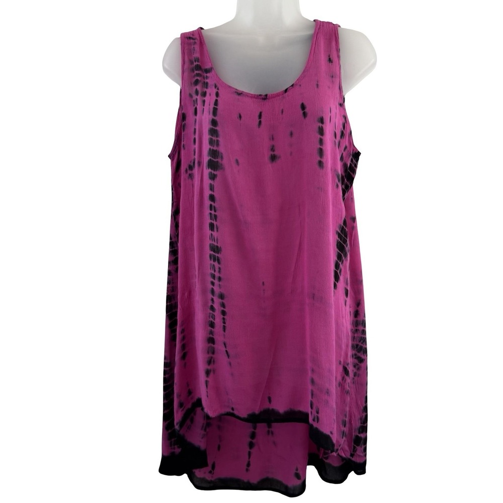 Raya Sun Dress Womens‎ Medium Pink Black Tie Dye Hi Low Asymmetric Tank Sundress
